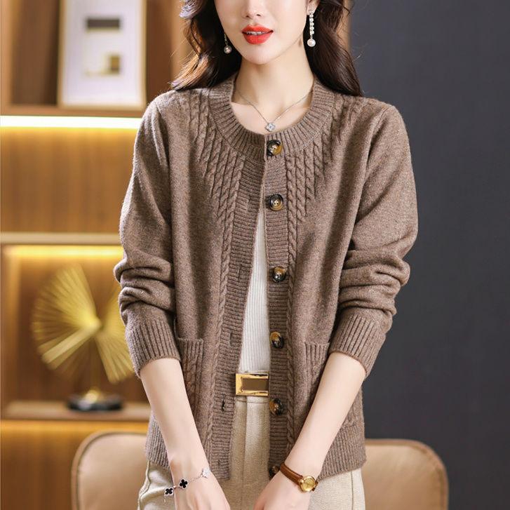 Autumn Winter Cardigan Sweater Women Round Neck for Mom Loose Knitted Sweater Universal Casual Top Western Style Jacket