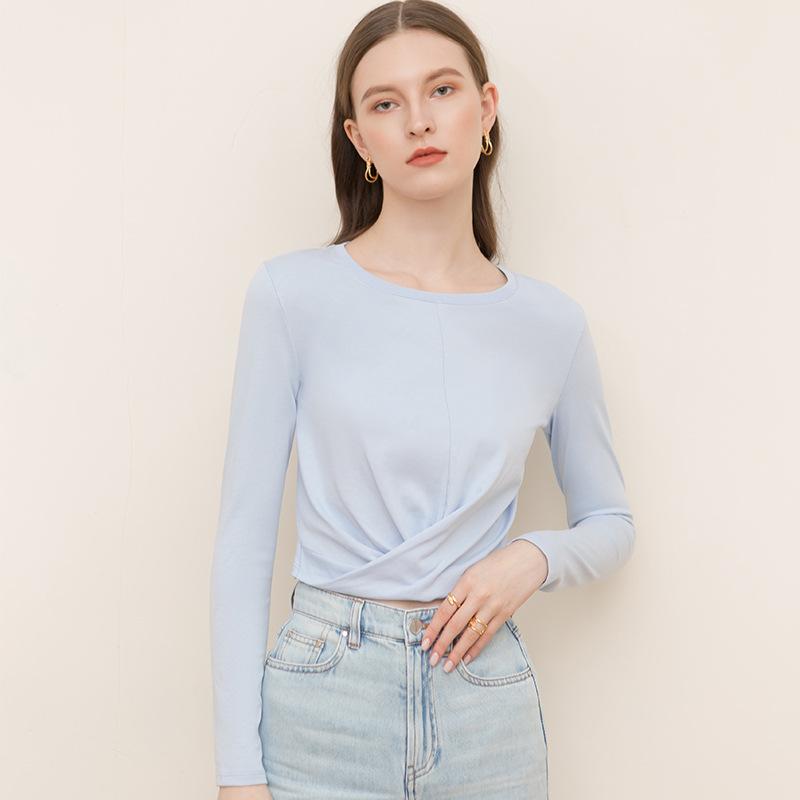 CANVAUS Autumn New Style Cotton Commuter Twisted Fashion Bottoming Shirt Solid Color Long-sleeved Round Neck All-match Women's Clothing