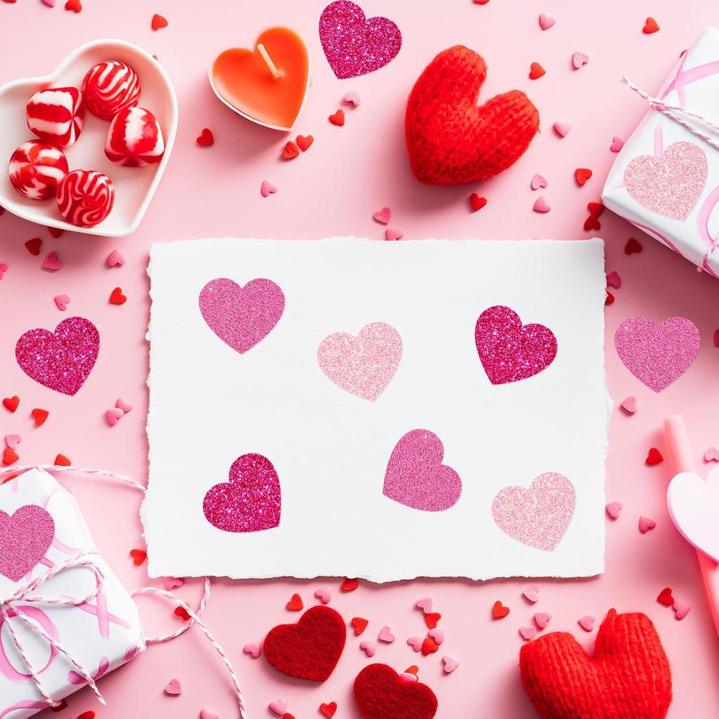 300Pcs Valentine's Day Glitter Pink Heart Stickers 1.5 Inch Sparking Adhesive Heart Stickers Arts and Crafts Decorative Envelope Seals for