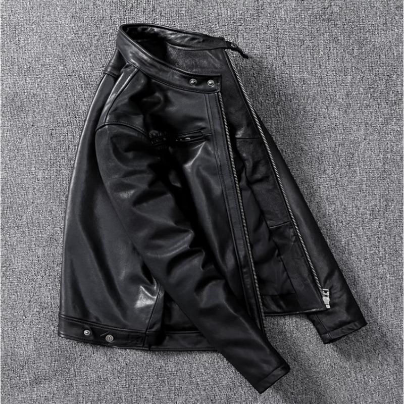 Повседневная мужская куртка из овчины, куртка из натуральной кожи, короткая, со стойкой, приталенная, вощеная кожа