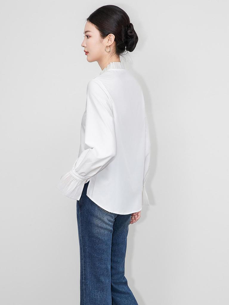 French White Women's Flare Sleeve Lace Top - Casual Long Sleeve Stand Collar Shirt