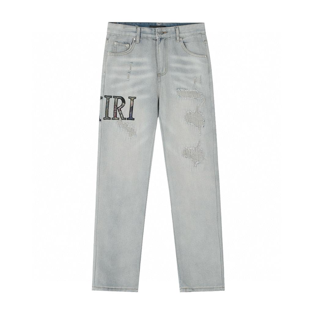 M48 Amiri Men's and Women's American Style Trendy Jeans with Fabric Patches, Holes, Embroidery, Casual and Fashionable High Street Pants
