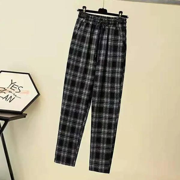 Женские зимние плюшевые повседневные брюки в клетку с высокой талией, свободные теплые длинные шаровары большого размера