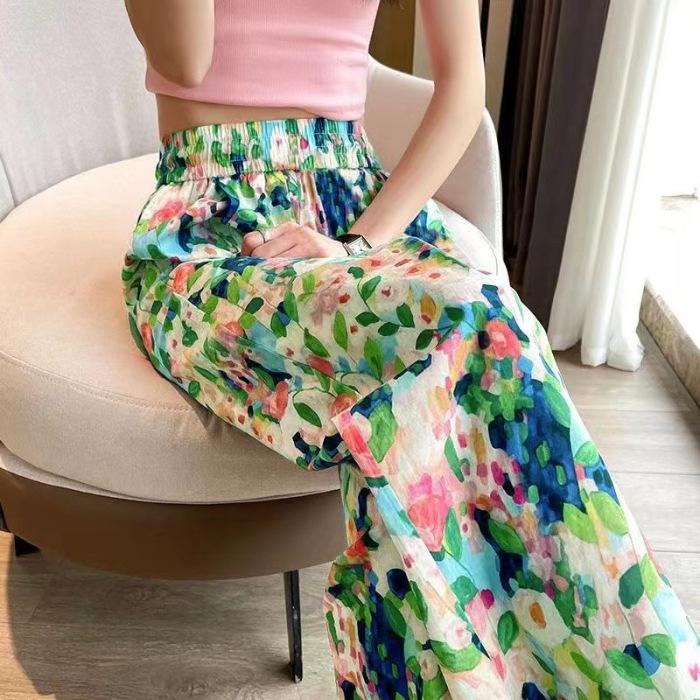 Summer Flower Trousers High-waisted Wide-legged Trousers Loose Straight Nine-minute Tide Seashore Mosquito-proof Leisure Beach Pants