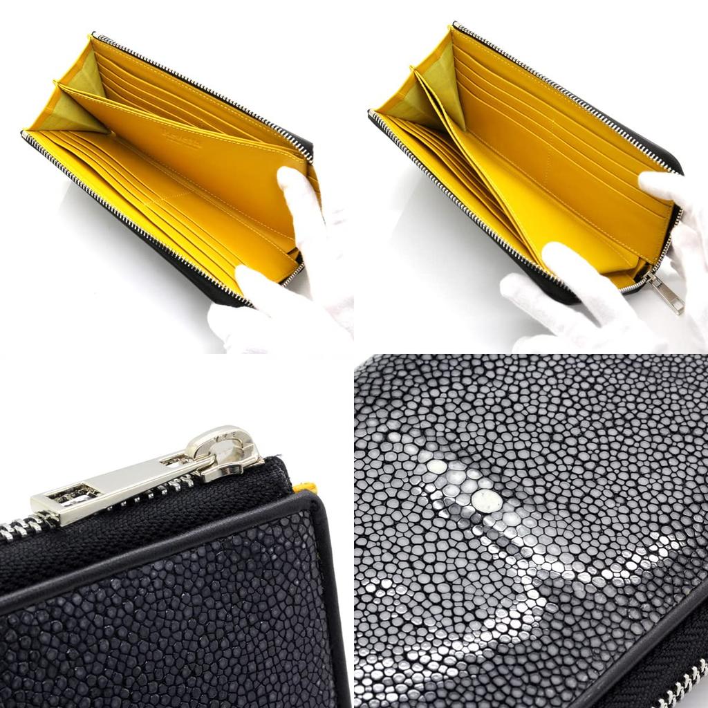 Длинный кошелек Levetta из кожи ската с горчично-желтой фурнитурой YKK из галюши и ската для мужчин и подкладкой из натуральной кожи, на L-молнии, кожа, черный, женский,