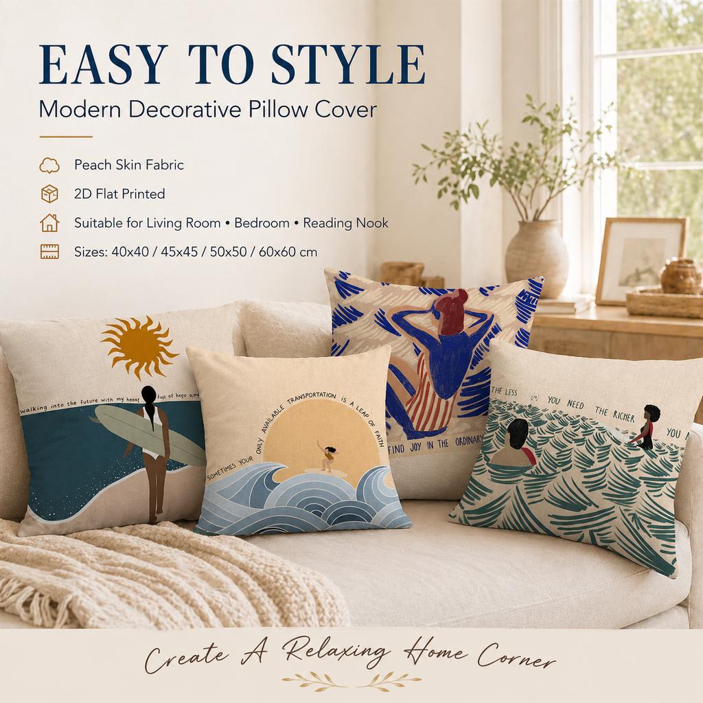 Nordic Summer Woman Art Pillow Case 2D Flat Printed Peach Skin Cushion Cover Ocean Waves Decorative Throw Pillowcase For Sofa