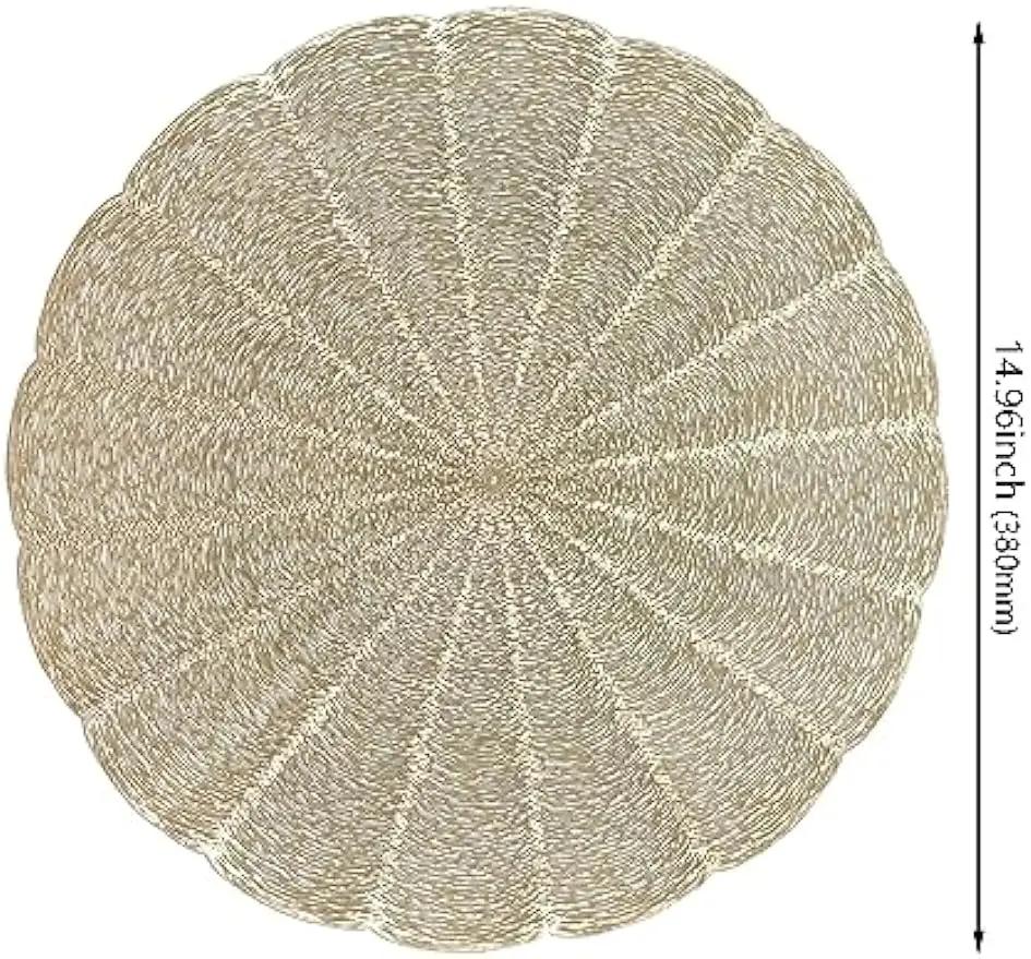 Набор из 6 подставок под тарелки Круглые Золотые Виниловые Легко моющиеся Нескользящие Жаростойкие 15" для Обеденного стола Свадебной вечеринки Фестиваля