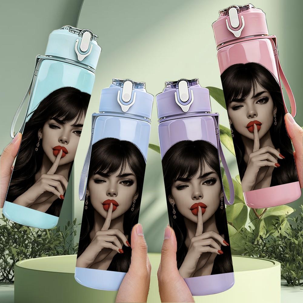 1PC Dark Haired Lady Quiet Portrait 750ml Color Plastic Sports Water Bottle Leakproof Flip Straw Lid For Sports Office Home Use
