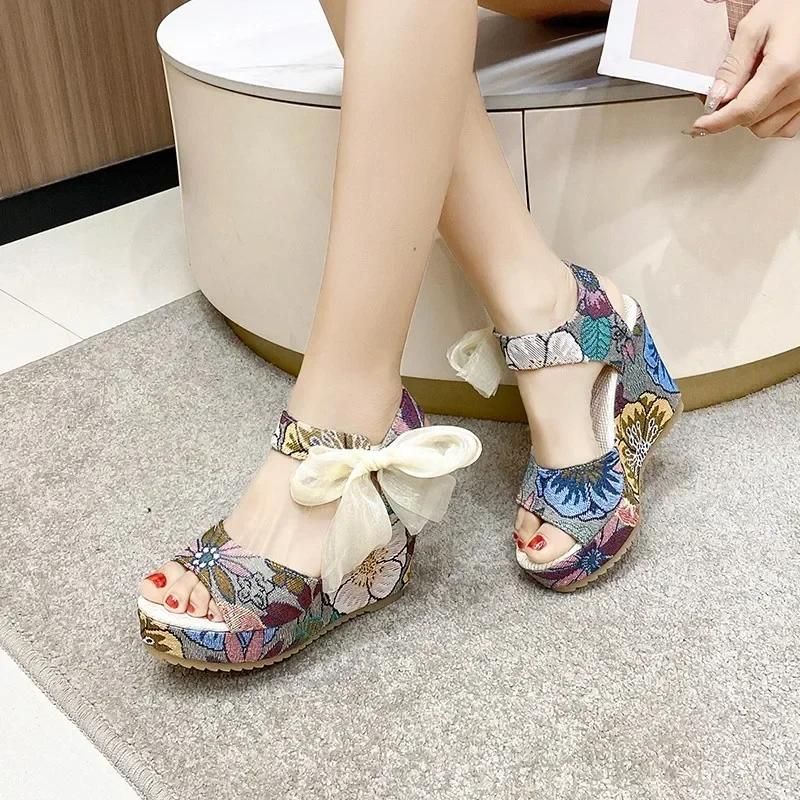 Fashion Sandals Women's Floral Print Mesh Bowknot Decor Wedge Strappy Open-toed Sandals Heels Platform Shoes Ankle-strap Dress Sandals