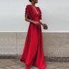 Women Evening Dress Low-cut V Neck Flying Sleeves Layered Ruffled Pleated High Waist Solid Color Floor Length Prom Cocktail Party Maxi Dress
