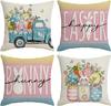 Blue Brown Easter Throw Pillow Covers 18 X 18 Inch Set Of 4, Farmhouse Buffalo Plaid Bunny Eggs Cushion Case For Sofa Couch