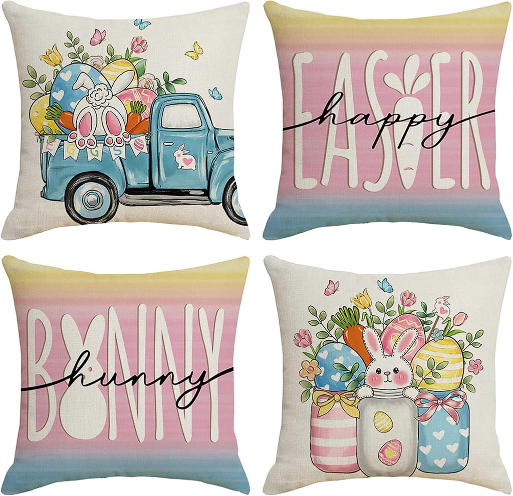 Blue Brown Easter Throw Pillow Covers 18 X 18 Inch Set Of 4, Farmhouse Buffalo Plaid Bunny Eggs Cushion Case For Sofa Couch