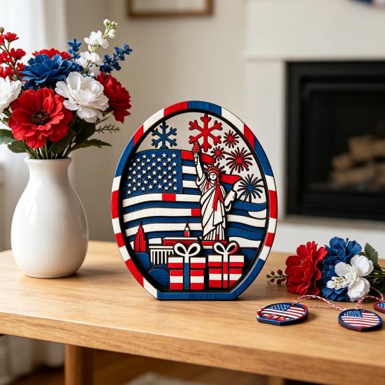 Патриотический centerpiece на стол 4 июля Деревянный флаг Америки Статуя Свободы Стоячий знак на День Независимости Сельский многоуровневый поднос Декор