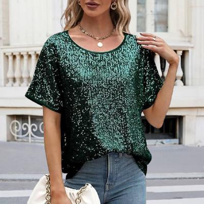Женские топы с круглым вырезом, коротким рукавом, свободного кроя, футболка, сверкающие пайетки, повседневная рубашка