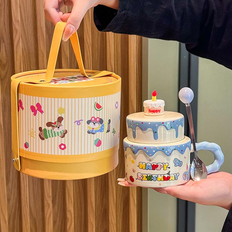 Cute Birthday Cake, Ceramic Mug, Girl Girlfriend, High-value Gift, Practical and High-end Cup Gift Box.