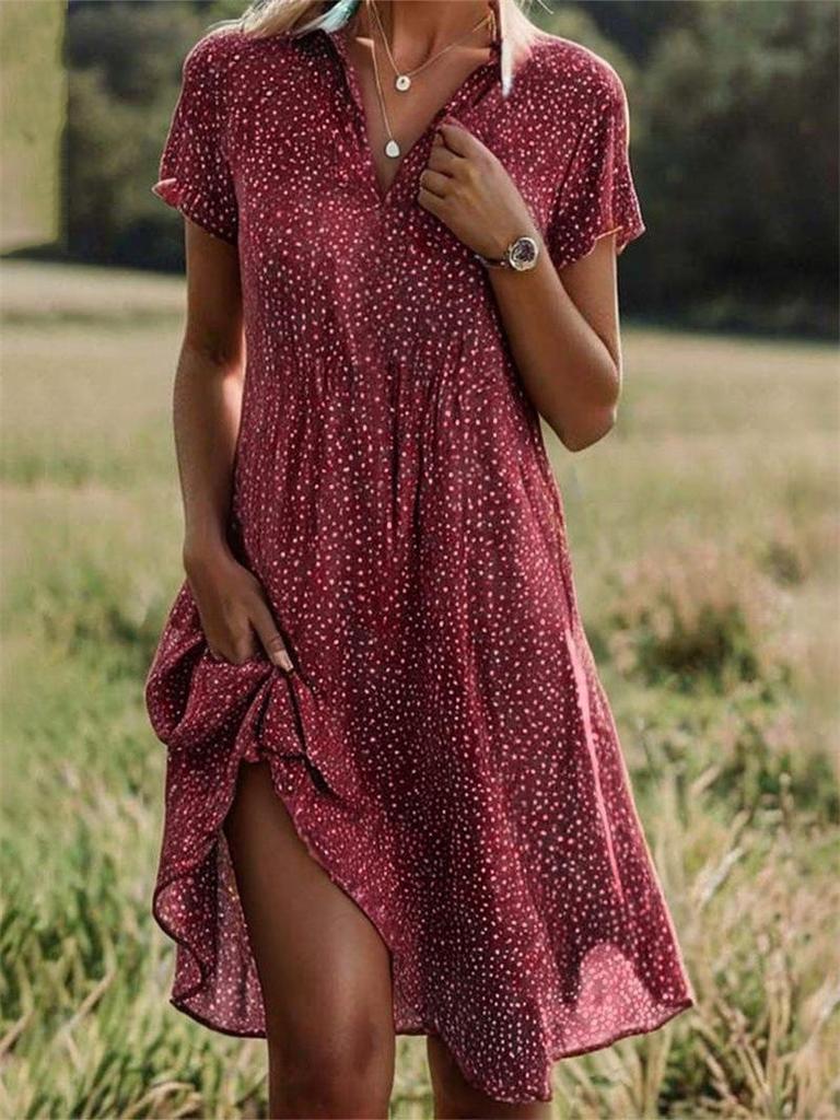 Summer Polka Dot V-Neck Short-Sleeve Dress for Women