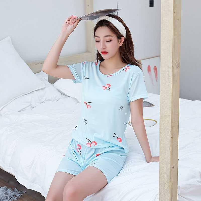 Женский летний пижамный комплект: Круглый вырез, Короткий рукав, Мультяшный принт, Омолаживающая домашняя одежда