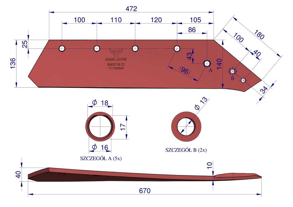 Euro blade, right 18", Kverneland boron steel application, Royal Farm