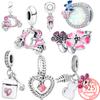 Authentic S925 Sterling Silver Pink Motorcycle Pendant Bluetooth Headphones Pink Gem Charm Fit Fashion Bracelet Women Jewelry