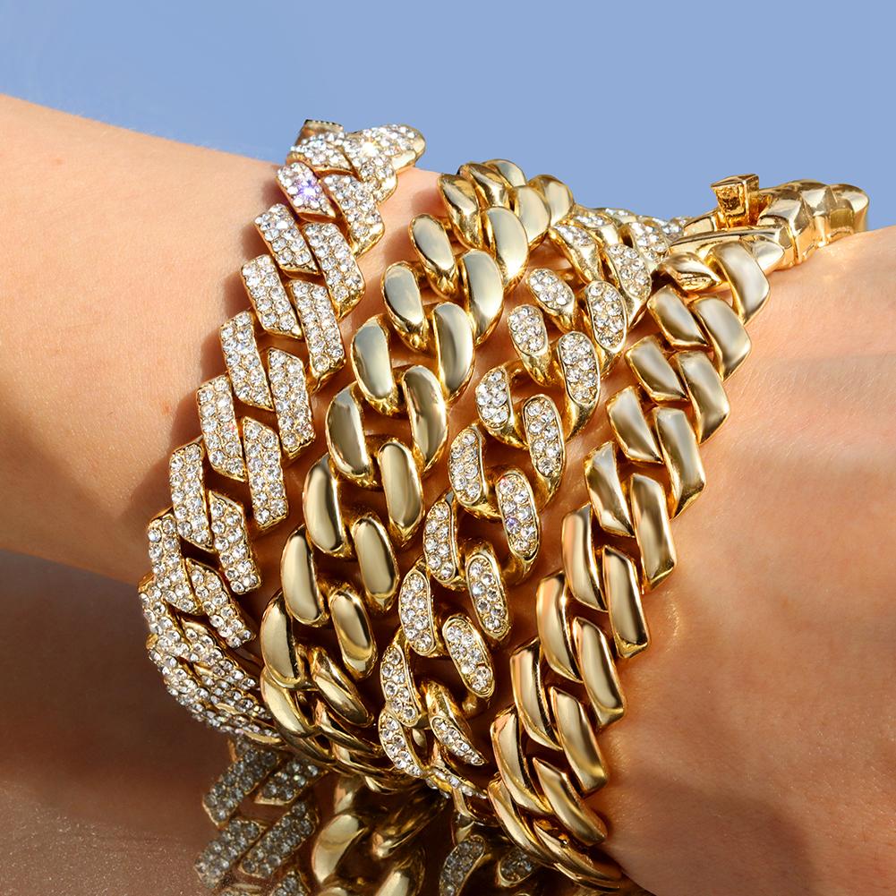 7/8/9inch Prong Miami Cuban Link Chain Bracelets for Women 2 Row Rhinestone Cuban Chain Bracelet Wristband Trendy Jewelry Gifts