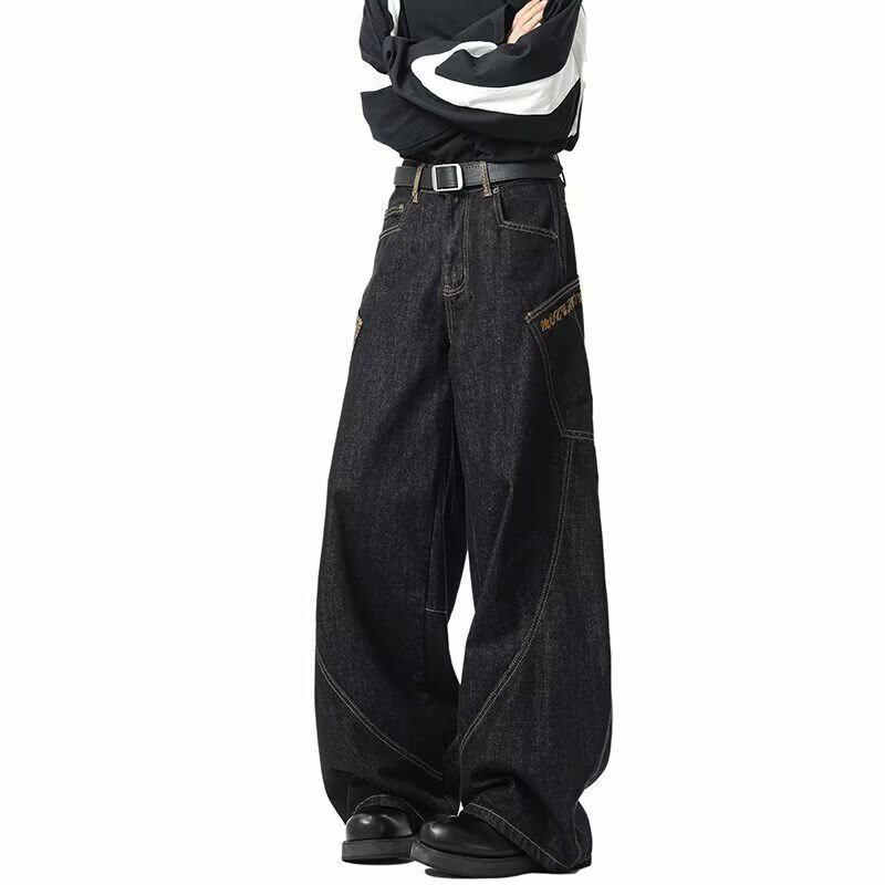 Unisex Vintage Patchwork Plaid Cropped Knife-Edge Denim Jeans Loose Straight Fit Fall