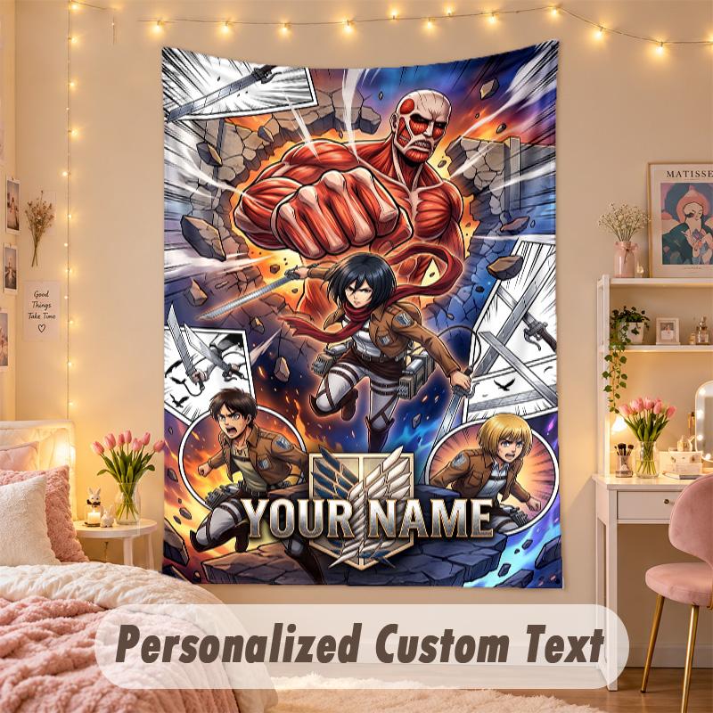 Custom Personalized Tapestry,Attack on Titan Print Custom Name Text Wall Art Hanging for Bedroom
