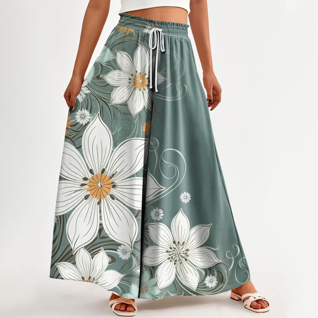 Женские широкие брюки с высокой талией, летние повседневные струящиеся брюки-палаццо, пляжные брюки с цветочным принтом и карманом