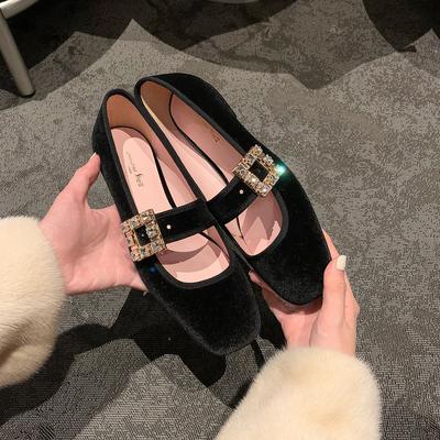 Версия из коровьей кожи ~ [Sheii Su Yinyin] Те же самые балетки со стразами и квадратной пряжкой на плоской подошве Женские одинарные туфли Туфли Мэри Джейн