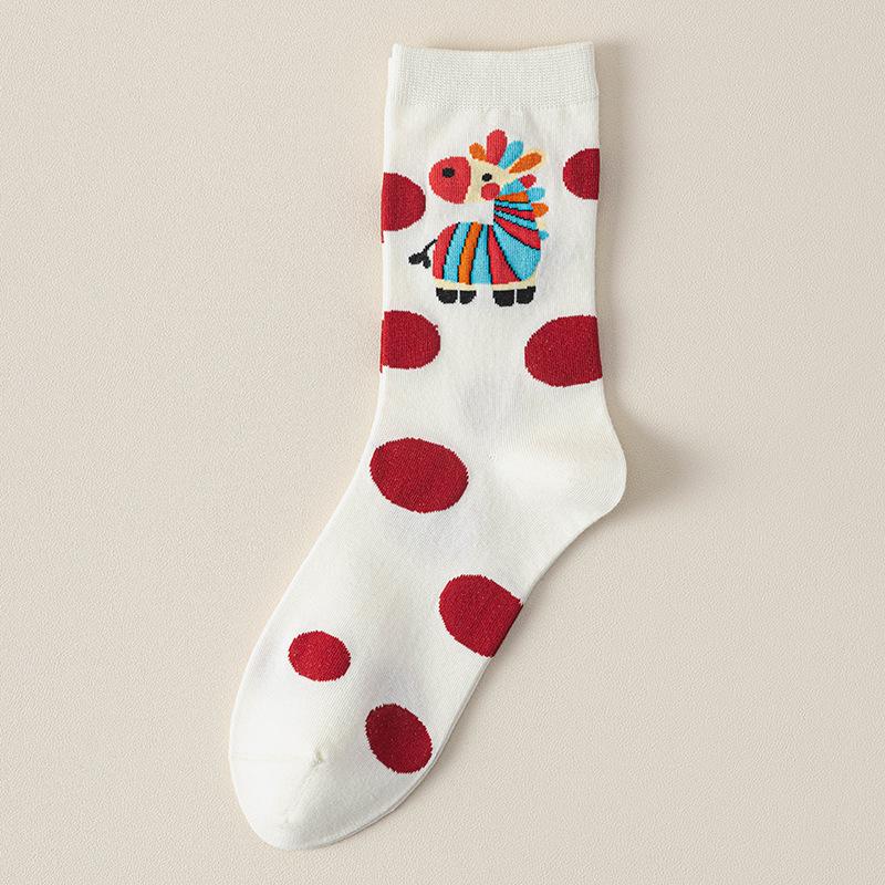 Gift Box Red Socks Pure Cotton Medium Tube Socks Season Cute Cartoon Year Of The Horse Big Red Stockings Women