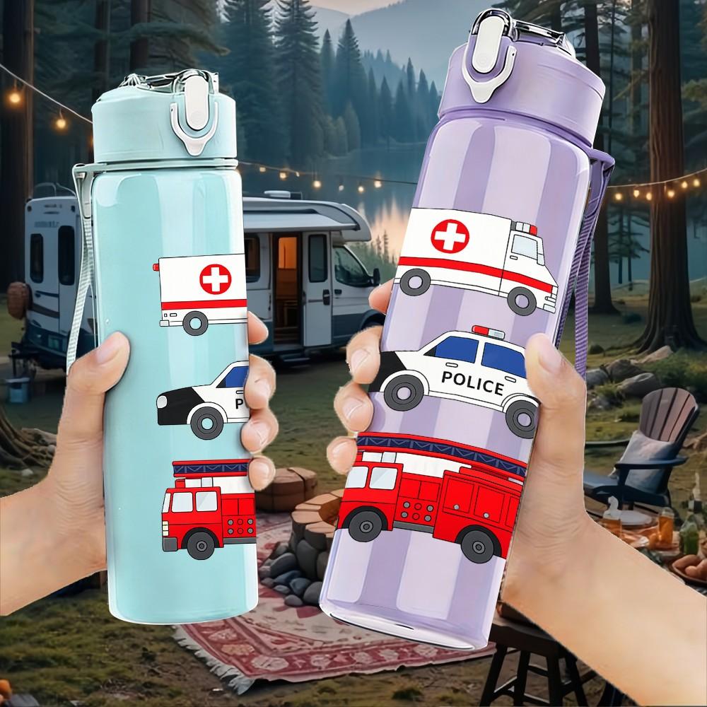 1PC Fire Truck Emergency Vehicle Set Print 750ml Color Plastic Sports Water Bottle Leakproof Flip Straw Lid Suitable for Sports Office Home Use