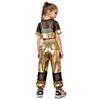 Kids Girls Hip Hop Jazz Dance Set Short Sleeve Number Graphic Hollow Out Mesh Crop Top with Shiny Cargo Pants for Stage Performance Competition