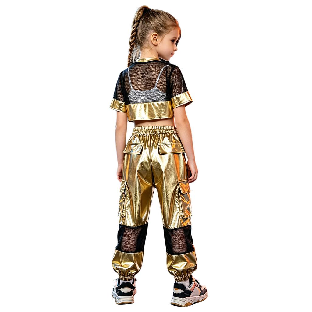 Kids Girls Hip Hop Jazz Dance Set Short Sleeve Number Graphic Hollow Out Mesh Crop Top with Shiny Cargo Pants for Stage Performance Competition