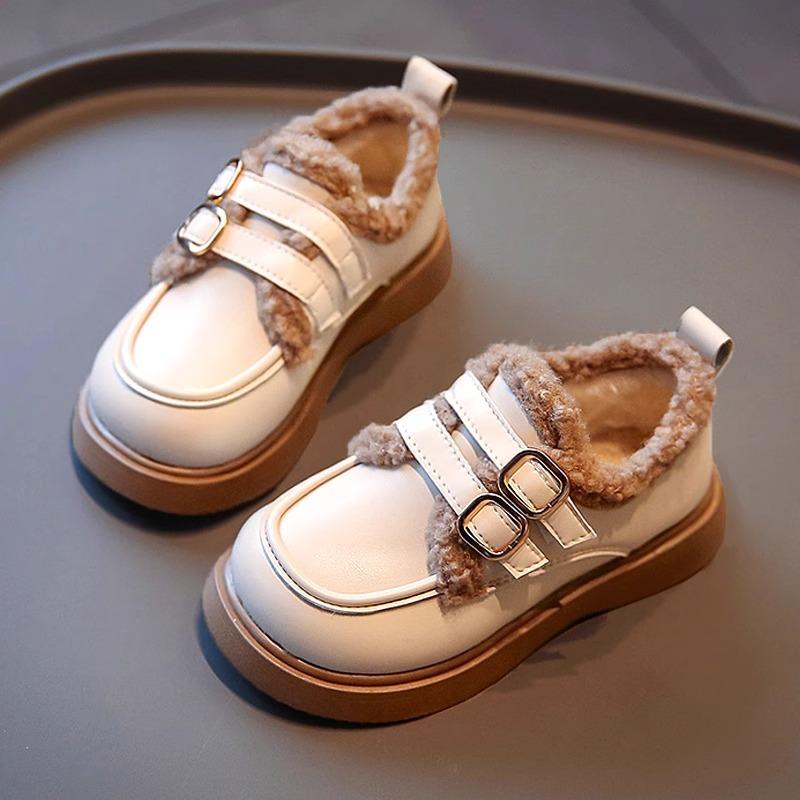 Детская 2024 Осень Дизайнерская Обувь для Девочек Нескользящая Кожаная Обувь Толстый Плюш Младенческая Зимняя Обувь Теплая Модная Мягкая Подошва Кроссовки для Девочек