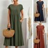 Summer Casual Loose Dress Women Short Sleeve O Neck A Line Woman Dress With Pocket Office Lady Cotton Linen Dresses 24647