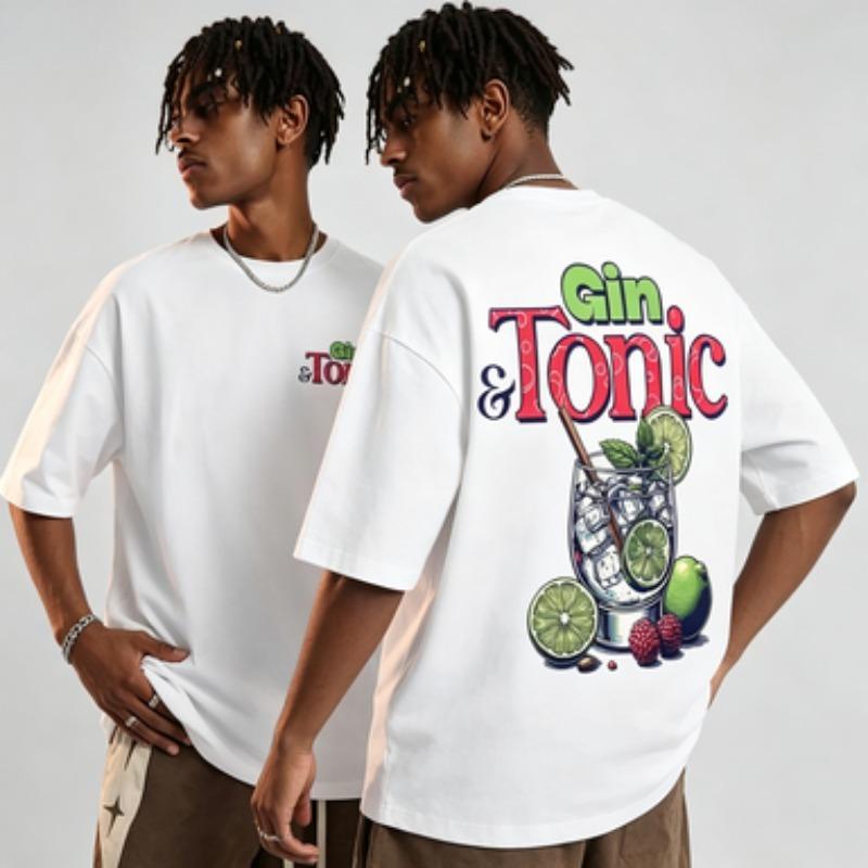 Unisexs Soft Cotton Crew Neck Short Sleeve Tshirt Gin Tonic Lime Fruit Cocktail Print Vintage Loose Fit Casual Daily Male Tee