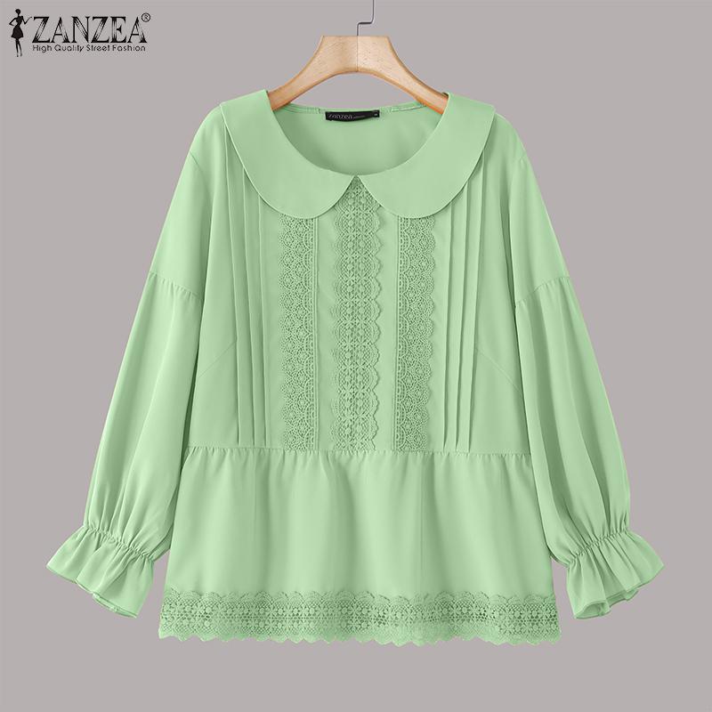 ZANZEA Женские повседневные кружевные лацканы с длинным рукавом блузки