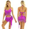 2Pcs Womens Shiny Sequin Tassels Belly Dance Costume Halter Bra Top with Hip Scarf Wrap Skirts Set Ballroom Dancewear