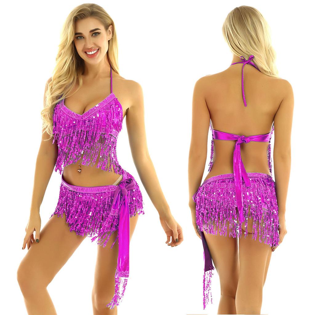 2Pcs Womens Shiny Sequin Tassels Belly Dance Costume Halter Bra Top with Hip Scarf Wrap Skirts Set Ballroom Dancewear