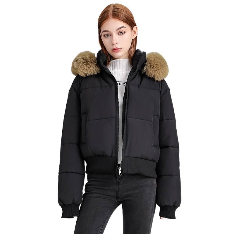 American Style High Waist Big Fur Collar Hooded Short Cotton Jacket Women's Autumn and Winter New Down Cotton Jacket Slimming Jacket Jacket