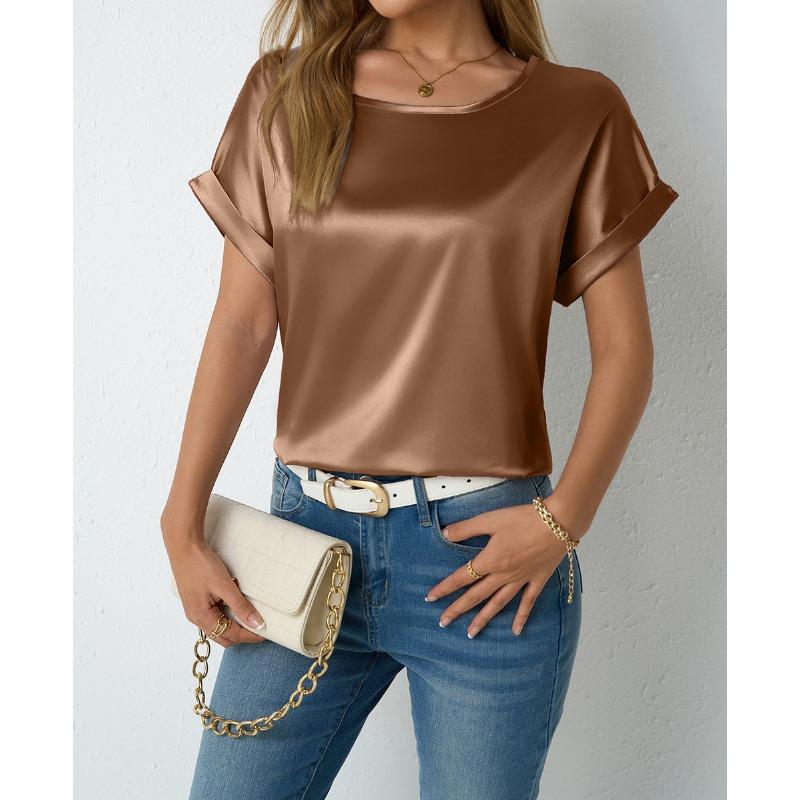 Women's Spring Summer Short-sleeved Satin Shirt Loose Casual Color T Shirt