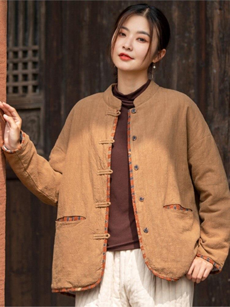 Johnature Женские льняные парки в китайском стиле с длинными рукавами и пуговицами, однотонные пальто, зимние винтажные теплые парки для женщин