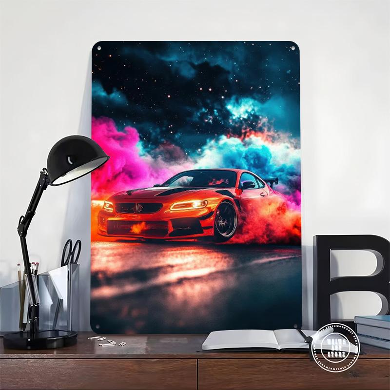 Red Sports Car With Smoke Poster Customized Vintage Metal Signs Wall Art Retro Tin Plaque for Garage Bedroom Decoration Room