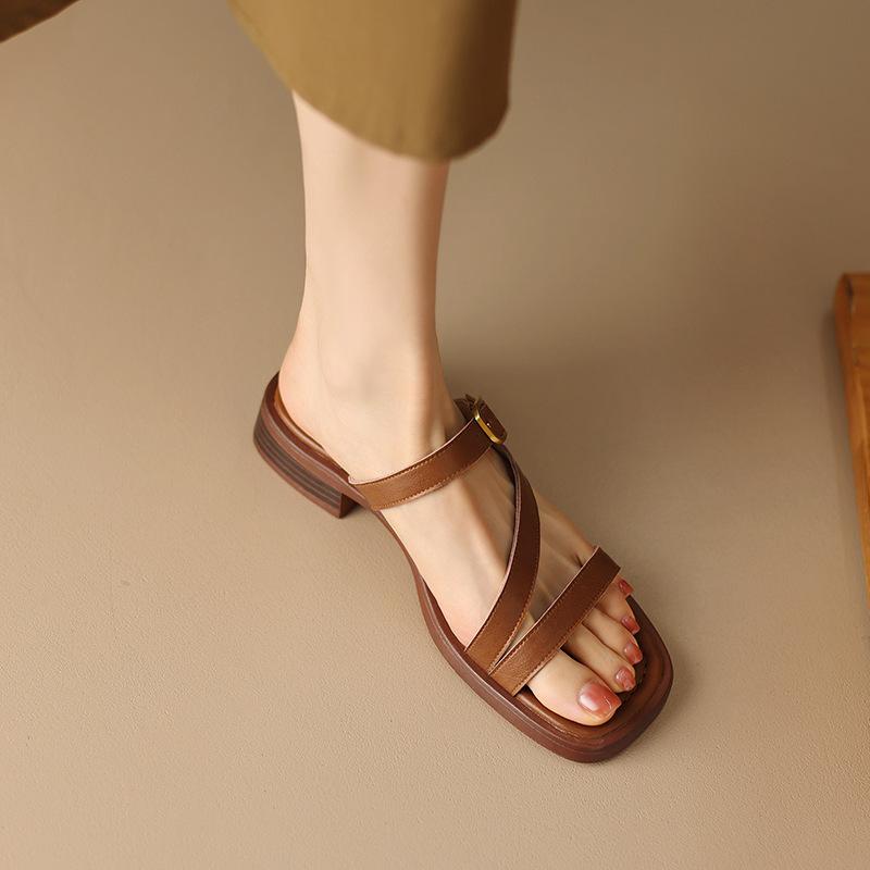 Retro one-word belt comfortable flat-bottomed slippers women's wear soft-soled thin belt brown low-heeled open-toed sandals