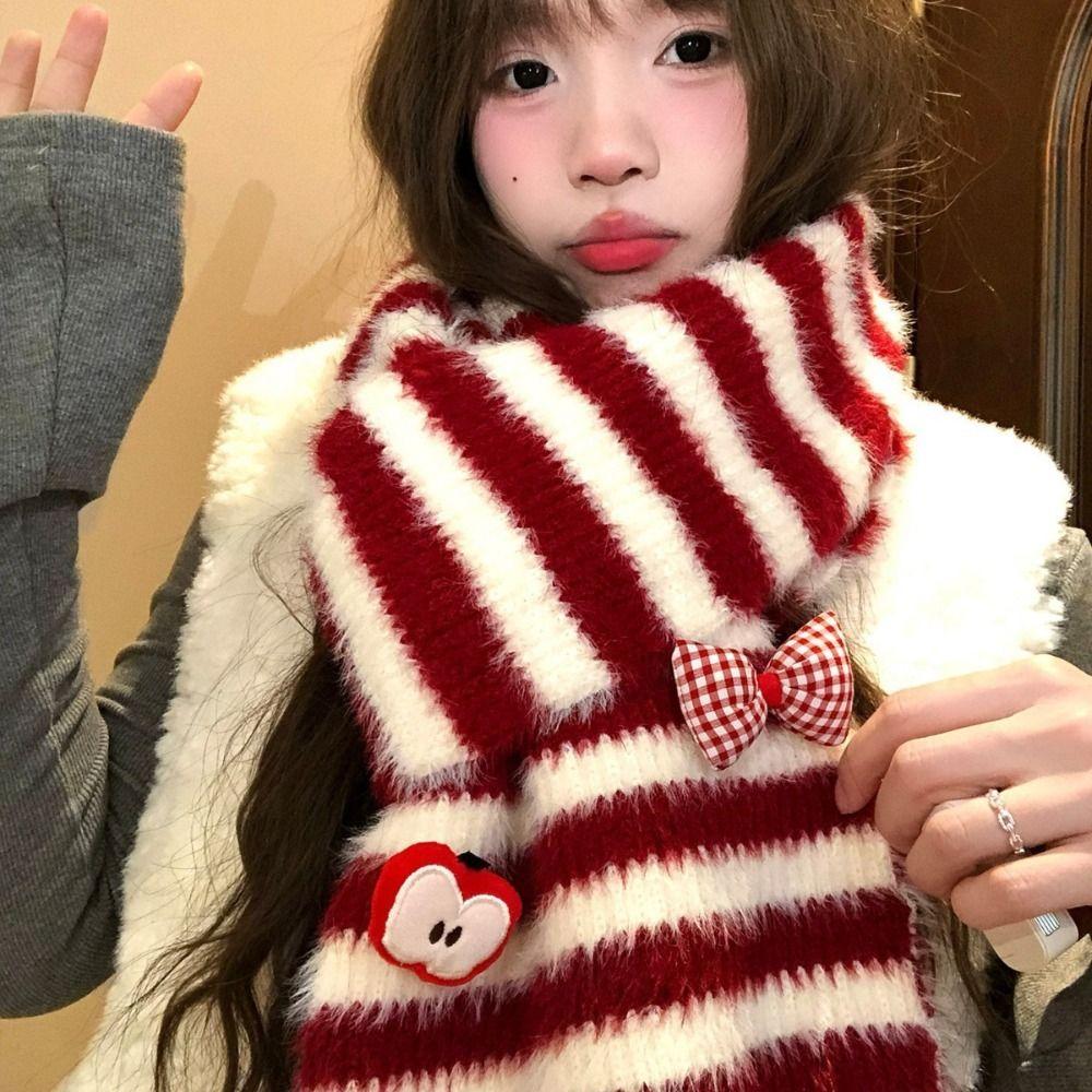 164cm x 22cm Knitted Neck Scarf Cold Proof Striped Bow Scarf Plush Thick Plush Scarf  Outdoor Wear