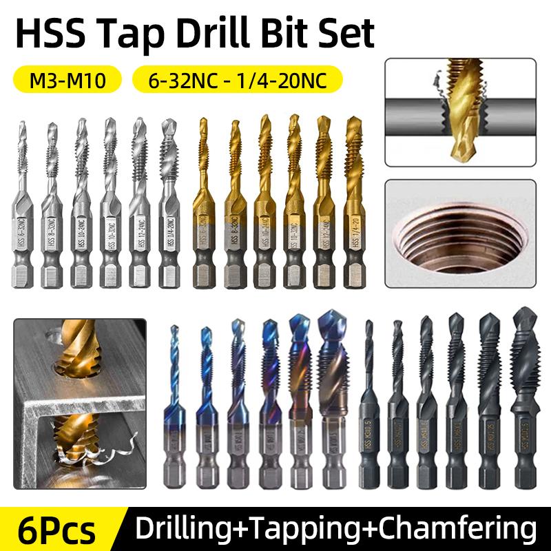 Compound Screw Tap Bit Set M3/4/5/6/8/10 Hex Spiral Tap Countersink Drill Reamer Titanium Soft Metal Tapping Chamfering Tools