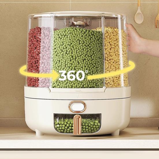 Вращающийся на 360 градусов дозатор хлопьев, контейнер для риса с крышкой, большая вместимость, несколько отсеков, органайзер для хранения зерна