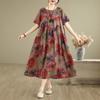 2025 Summer New Retro Printing Cotton and Linen Dress Women's Loose and Thin Round Neck Short-sleeved A-shaped Long Dress