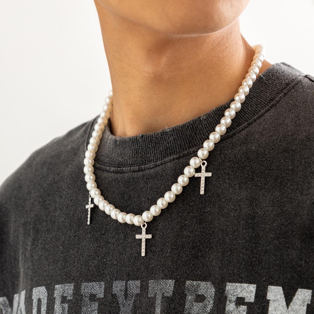 Pearl Cross Pendant Sweet Retro Fashion Necklace Men Necklace Clavicle Choker Korean Style Necklace