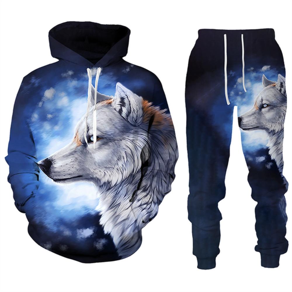 Модная уличная одежда, мужские комплекты, спортивные костюмы, новые мужские толстовки с принтом волка и спортивные штаны, костюм из двух предметов, повседневная мужская одежда с капюшоном