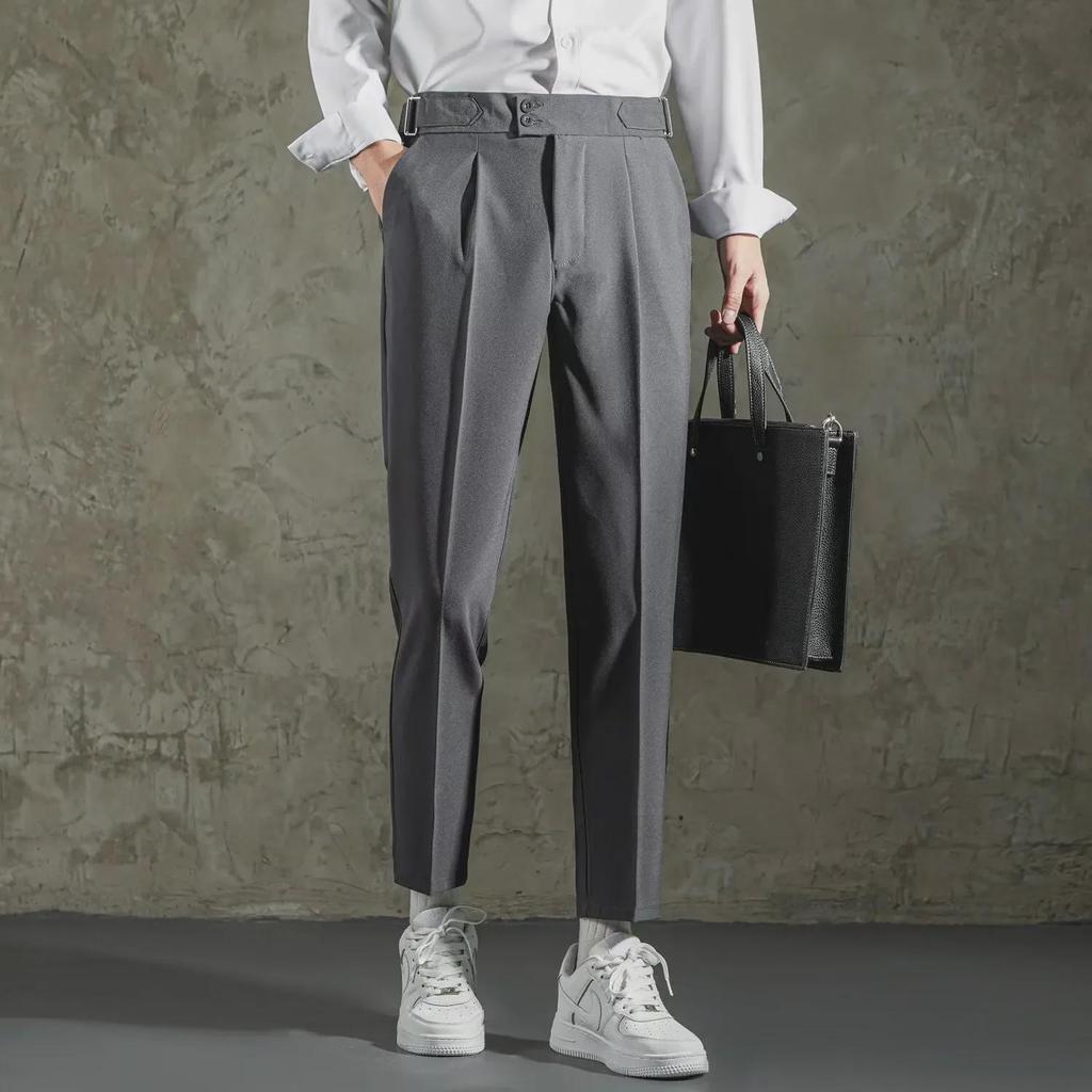 Men's Casual Loose Fit High-Waist Suit Pants - Spring & Autumn, Italian-Style, Nine-Point Length
